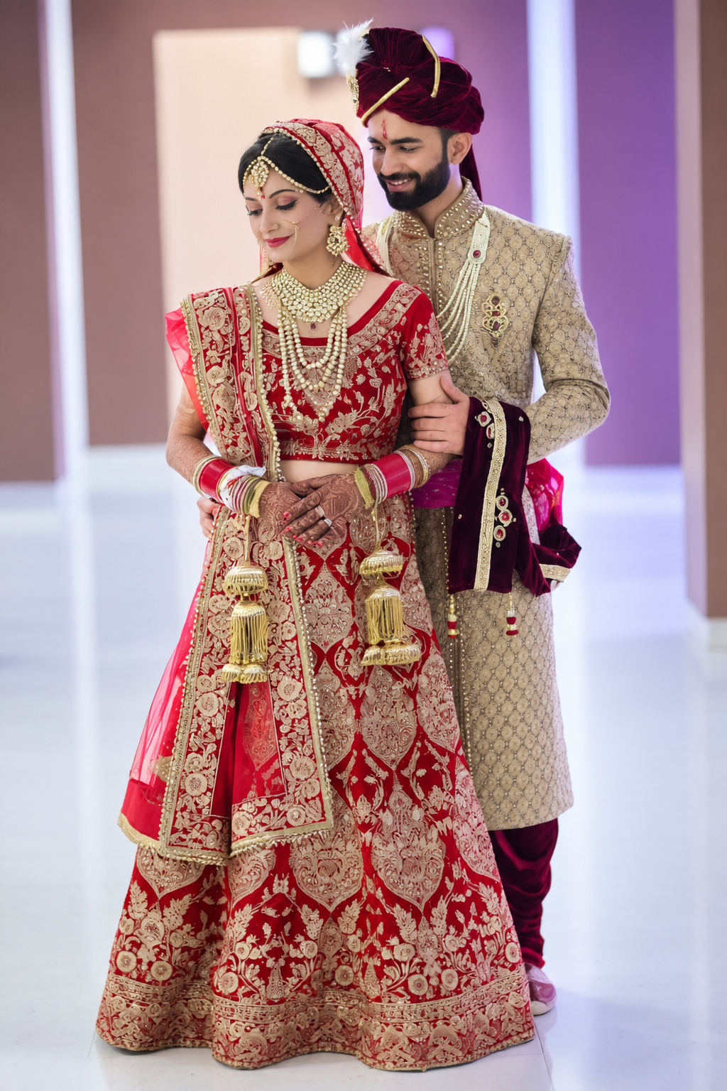 Royal Indian wedding couple portrait in red lehenga and sherwani by Achintya Studio